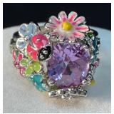 Silver Toned Ring with Purple Gemstone and Floral