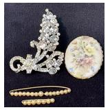 Four Vintage Brooches Featuring Rhinestones, Faux