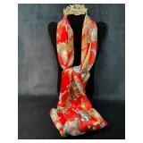 Cat-Themed Red Scarf and Brass Tone Cat Barrette S