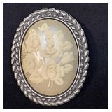 Oval Floral Cameo Brooch with Braided Silver-Toned