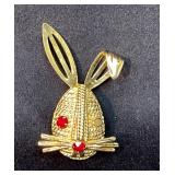 Gold-Toned Rabbit Brooch with Ruby-Colored Stone A