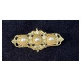 Gold-Tone Filigree Brooch with Three Faux Pearl Ac