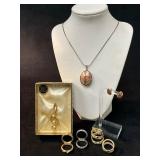 Enamel Jewelry Set With Rings, Brooch, Necklace, a