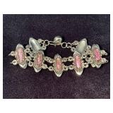 Silver-Tone Link Bracelet with Pink Oval Inserts a