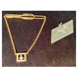 Gold Freemason Tie Bar with Pendant and Silver Geo