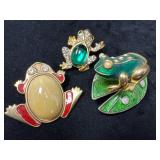 Three Frog-Themed Pins with Enamel and Gemstone De
