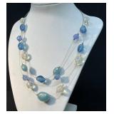Triple-Strand Necklace With Blue and Clear Beads
