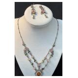 Avon Floral Motif Necklace and Earrings Set with E