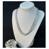 Silver-Toned Multistrand Necklace and Openwork Bro