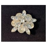 Crystal Rhinestone Floral Brooch with Silver Tone