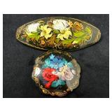 Hand-Painted Russian Brooch and Barrette with Flor
