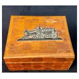 Antique Wooden Box with Metal Horse-Drawn Carriage