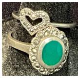 Two Sterling Silver Rings with Green Stone and Hea