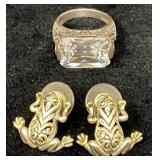 Sterling Ring with Clear Stone and Frog Earrings S