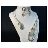Handcrafted Metal Necklace and Earring Set with Sw