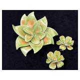 Vintage Lisner Green and Orange Floral Brooch and