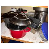 Cookware and Kitchen Items Including Pots, Pans, a
