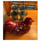 Decorative Red Ceramic Rooster Lantern with Four I