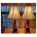 Red Wood Table Lamps with Fabric Shades