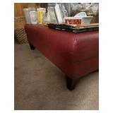Large Red Leather Footstool With Wooden Legs