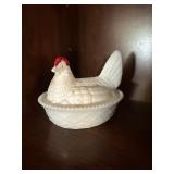 Milk Glass Hen on Nest Dish with Chip