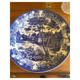Blue and White Porcelain Plate with Village Scene,