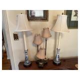 Five Table Lamps With Blue Floral and Metal Design