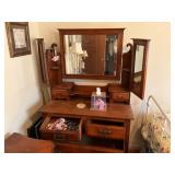 Wooden Vanity with Mirror and Drawers Featuring Br