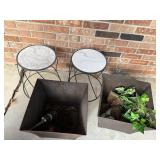 Two Metal Plant Stands with Marble-Top Side Tables