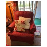 Red Upholstered Chair and Ottoman with Wear