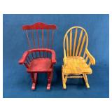 Two Miniature Wooden Rocking Chairs in Red and Nat