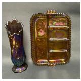 Two Carnival Glass Pieces: Vase and Divided Tray