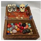 Skull Beads and Items in a Carved Wooden Box