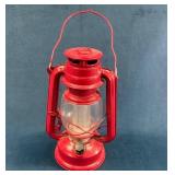 Red Metal and Glass Lantern with Wire Handle