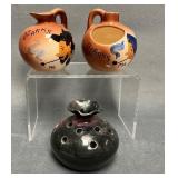 Three Pottery Pieces Including Signed Flower Frog