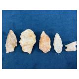 Five Quartz Arrowheads with Varied Shapes and Fini