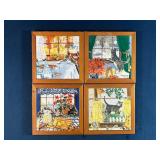 Four Framed Cat-Themed Seasonal Ceramic Tiles by P