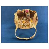 Woven Straw Bag with Floral Embroidery and Metal C