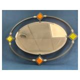 Art Deco Style Oval Mirror With Colored Glass Acce