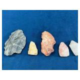 Five Stone Arrowheads in Various Materials