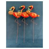 Three Metal Flamingo Garden Ornaments With Palm Le