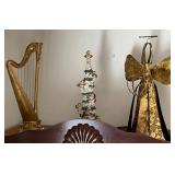 Three Decorative Holiday Items Including Harp, Ang
