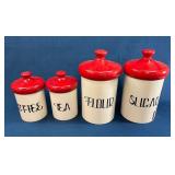 Four-Piece Ceramic Kitchen Canister Set with Red L