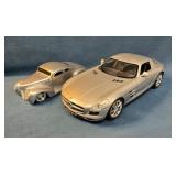 Two Silver Model Cars: 1930s Coupe and Mercedes-Be