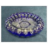 Blue Cut to Clear Crystal Ashtray with Intricate D