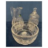 Three Crystal Pieces Including Bowl, Covered Jar,