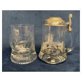 Etched Glass Steins, One with Pewter Lid