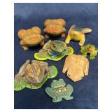 Frog Figurine Lot in Wood, Ceramic, and Stone with