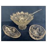 Vintage Glass Punch Bowl With Ladle, Relish Boat,