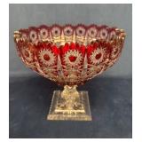 Large Red Cut to Clear Compote by Lausitzer in Lea